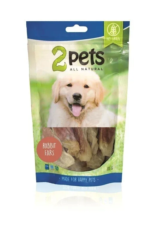 2pets Dogsnack Rabbit ears w. rabbit meat, 100g