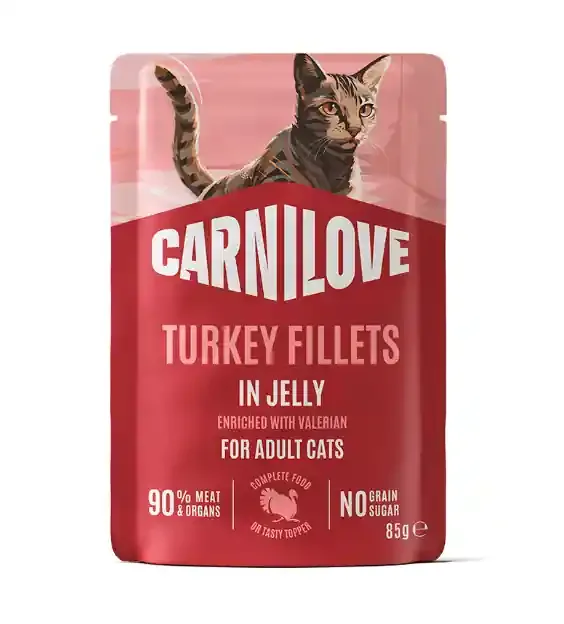 Adult Pouch Jelly med Kalkon och Valeriana Våtfoder för Katt – 24 st x 85 g Populär