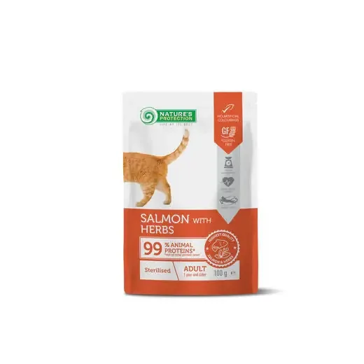 Begränsat antal Nature‘s Protection adult sterilised lax & örter för katter 100 g