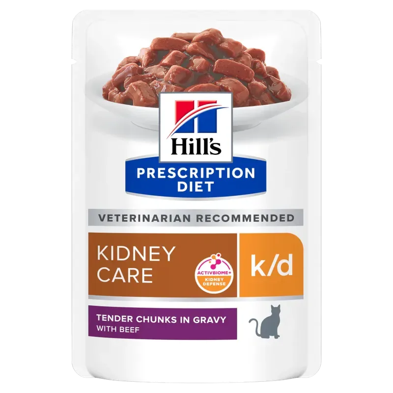 Endast denna vecka Hill‘s Prescription Diet k/d Kidney Care ActivBiome+ Kidney Defense med nötkött för katter 85 g