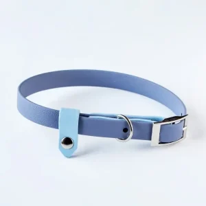 Halsband i Biothane Ljus Grå & Pastell Blå med beslag i silver
