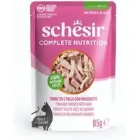 I lager Ekonomipack Schesir Complete Nutrition filé i gelé 24 x 85 g – Tonfisk och kyckling med skinka