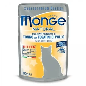 I lager Monge Natural Kitten Tonfisk & Kycklinglever 80 g för kattungar