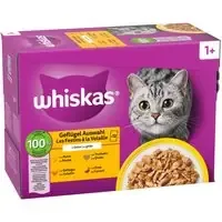 I lager Multipack Whiskas 1+ Adult portionspåsar 12 x 85 g – Fjäderfäurval i gelé