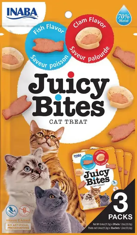 Kampanjpris Cat Juicy Bites Fish/Clam 11,3 g x 3pack