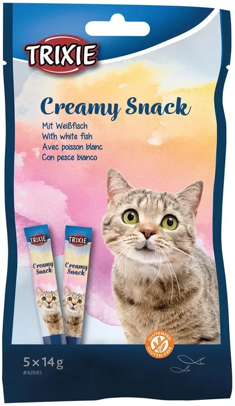 Köp nu Creamy Snack Vit Fisk Topping till Katt – 5 st x 14 g