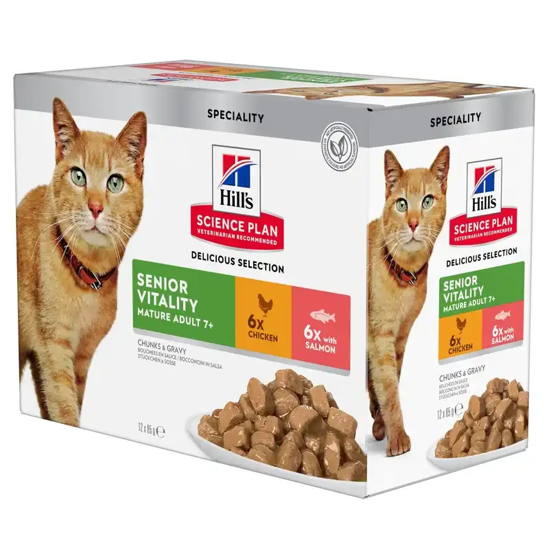 Köp nu Senior Vitality Chicken & Salmon Våtfoder för katt – 12 x 85 g