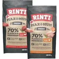 Lägg i varukorgen Blandpack 2 sorter Rinti Max-i-mum torrfoder – Kyckling + Nötkött (2 x 12 kg)