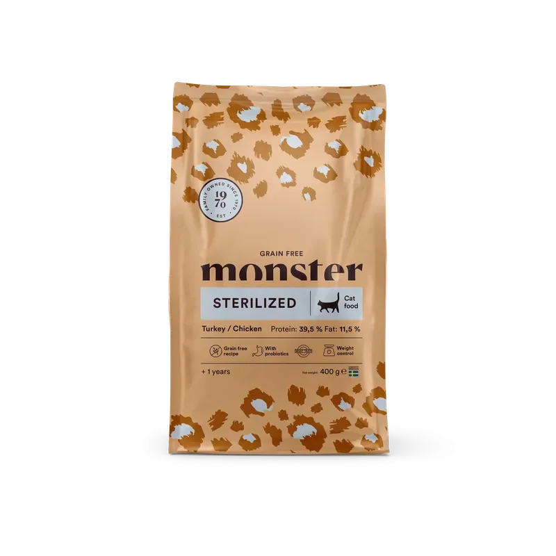 Monster Cat Grain Free Sterilized kalkon-kyckling 400 g för steriliserade katter Trygg betalning