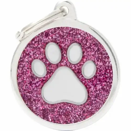 MyFamily ID-bricka shine, cirkel stor med vit tass, rosa Billig