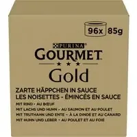 Nedsatt pris Jumbopack Gourmet Gold 96 x 85 g – Möra bitar i sås nötkött, kyckling, lax, kalkon