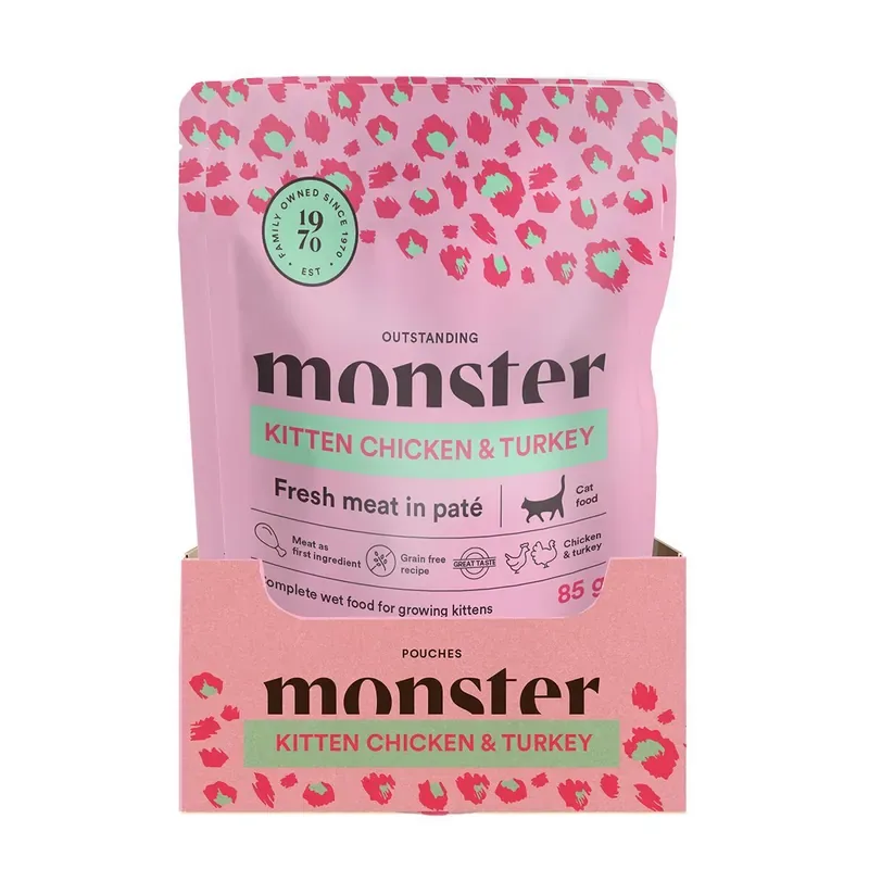 Nyhet Monster Cat Pouches Kitten Chicken/Turkey Våtfoder till Kattunge 16 x 85 g