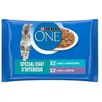 PURINA ONE 4 x 85 g – Indoor Tonfisk och Kalvkött Fynd