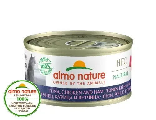 Säker betalning Almo Nature HFC Natural Tonfisk, Kyckling och Skinka 24 x 70 g våtfoder för katter