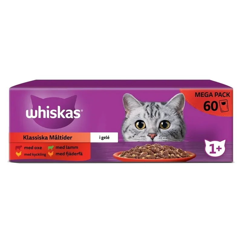 Säker betalning Whiskas 1+ med Oxe, Lamm och Kyckling i Gelé 60×85 g