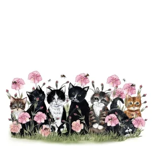 Servett, kattkompisar bland rosa blommor på äng