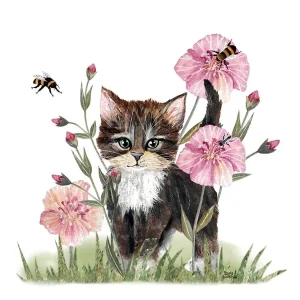 Servett, kattunge bland rosa blommor