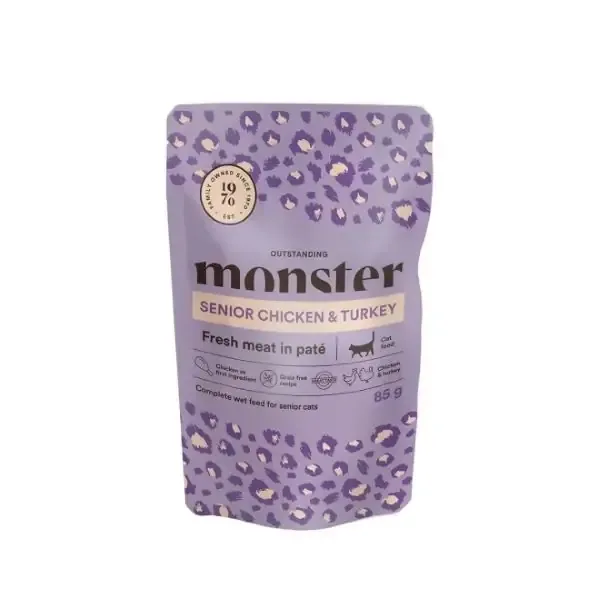Snabb leverans Monster Cat Pouches Senior Chicken-Turkey 85 g för katter