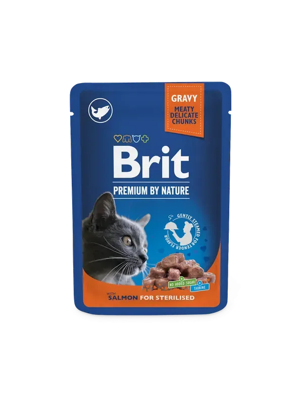 Trygg betalning Brit Premium Chunks in Gravy with Salmon Steriliserade Katter 24 x 100 g